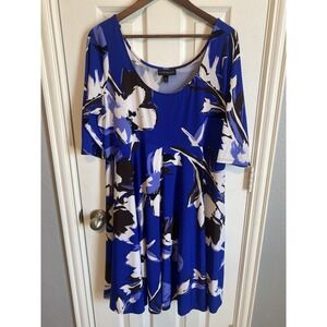 Lane Bryant Blue‎ Floral 3/4 Sleeve Scoop Neck Fit Flare Dress Plus Large 14 16
